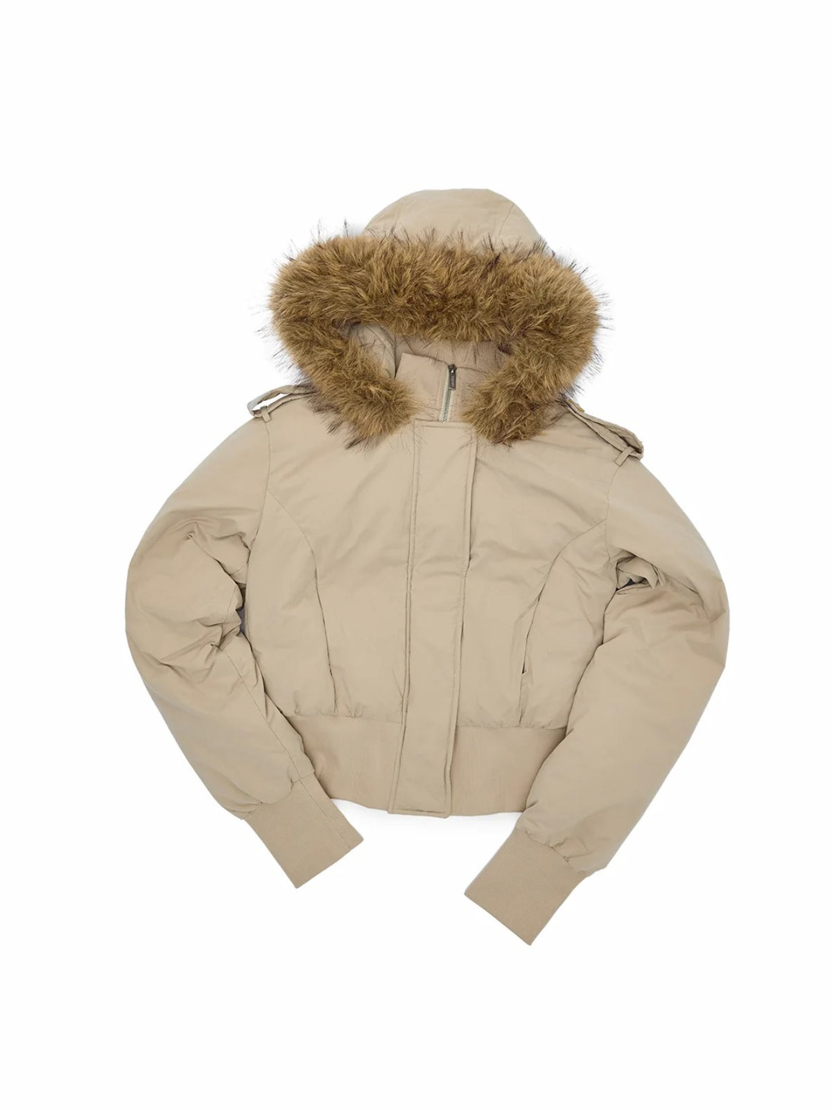 Detachable Faux Fur Ribbed-Waist Down Jacket