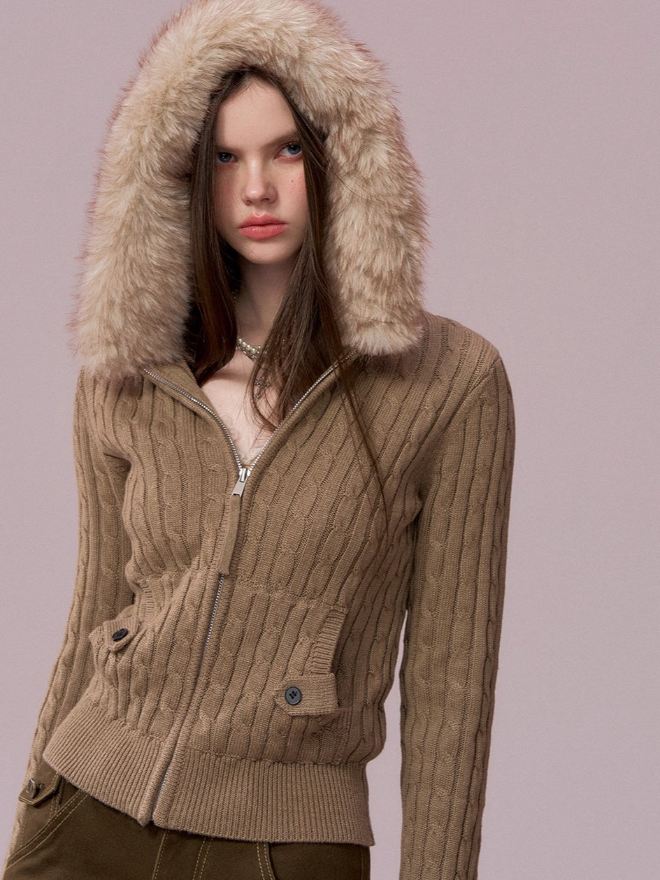 Faux Fur Collar Cable Knit Cardigan