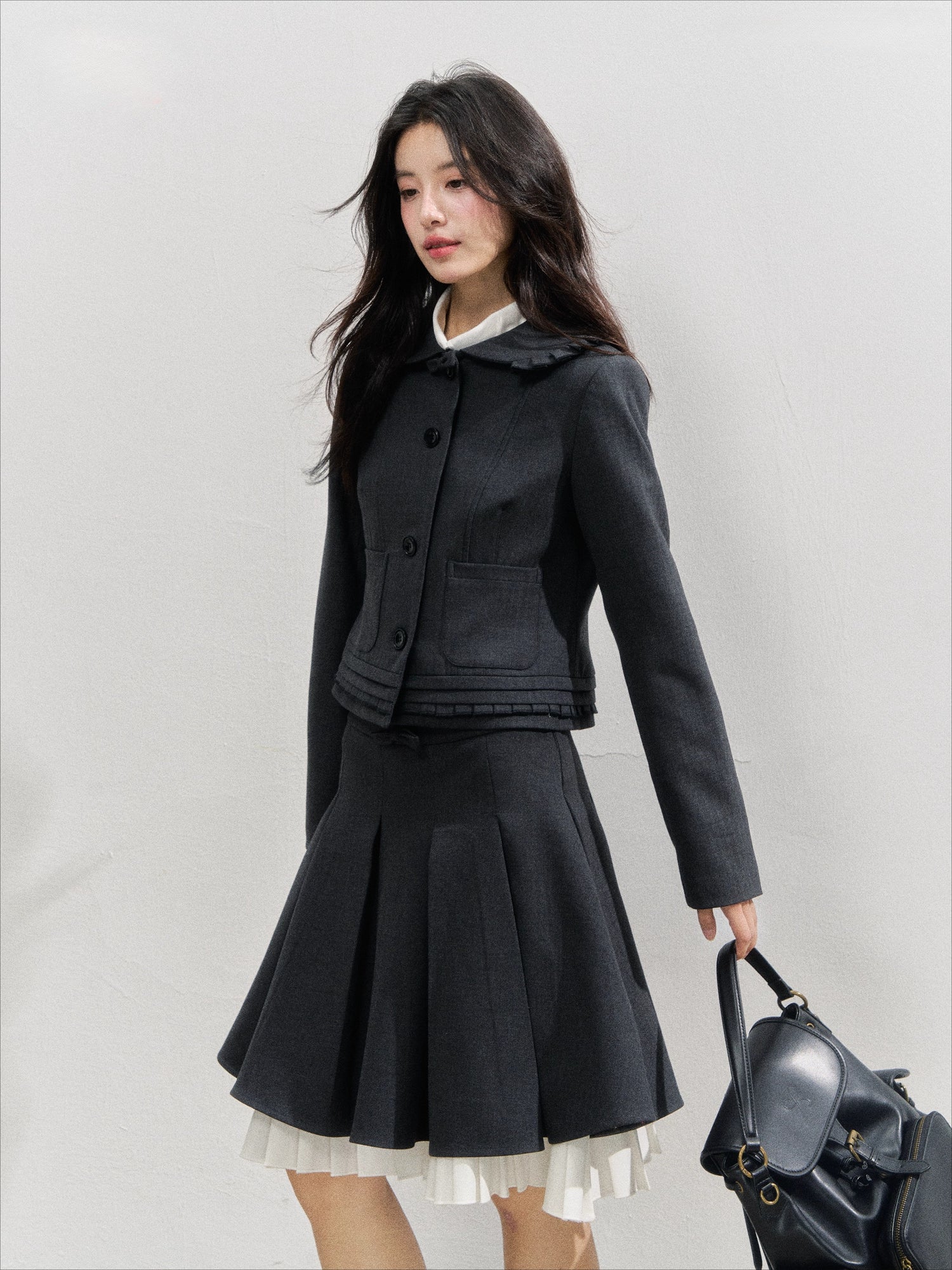 Charcoal College Blazer &amp; Pleated Skirt Set