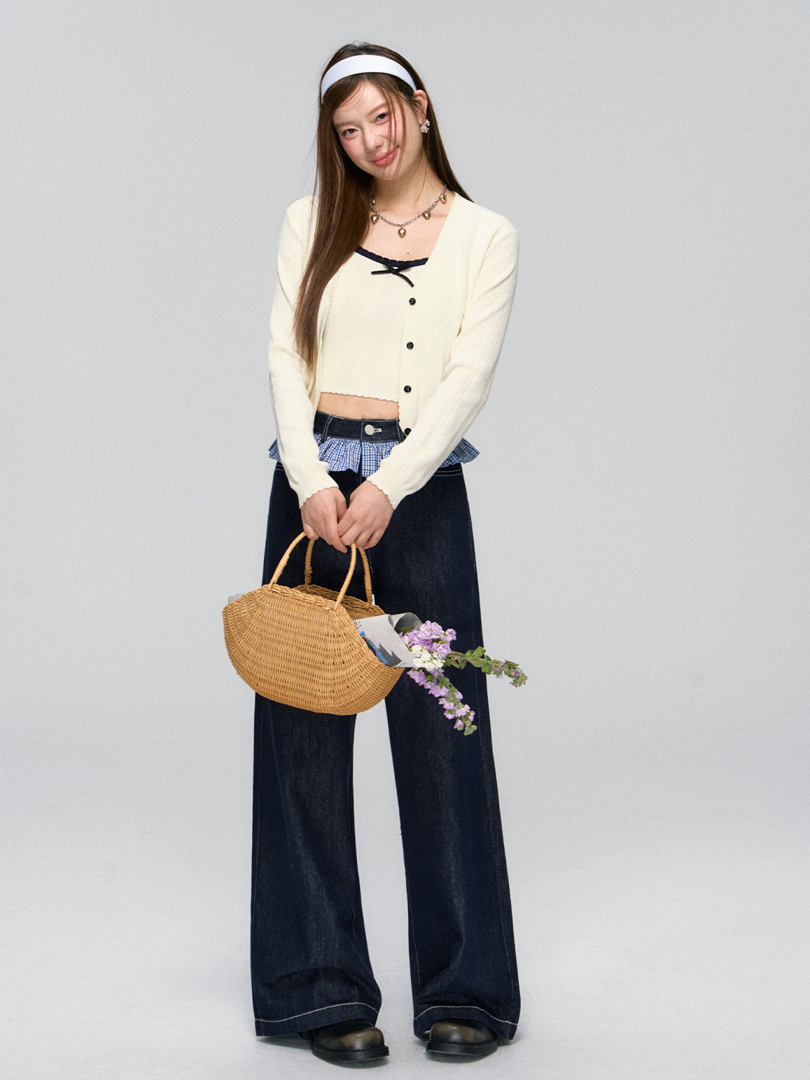 Ruffled Plaid Patchwork Straight Jeans