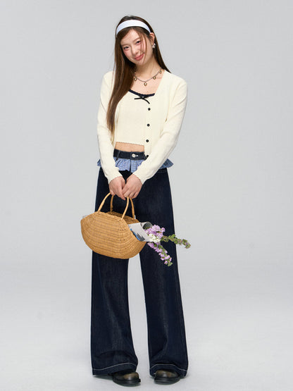 Ruffled Plaid Patchwork Straight Jeans