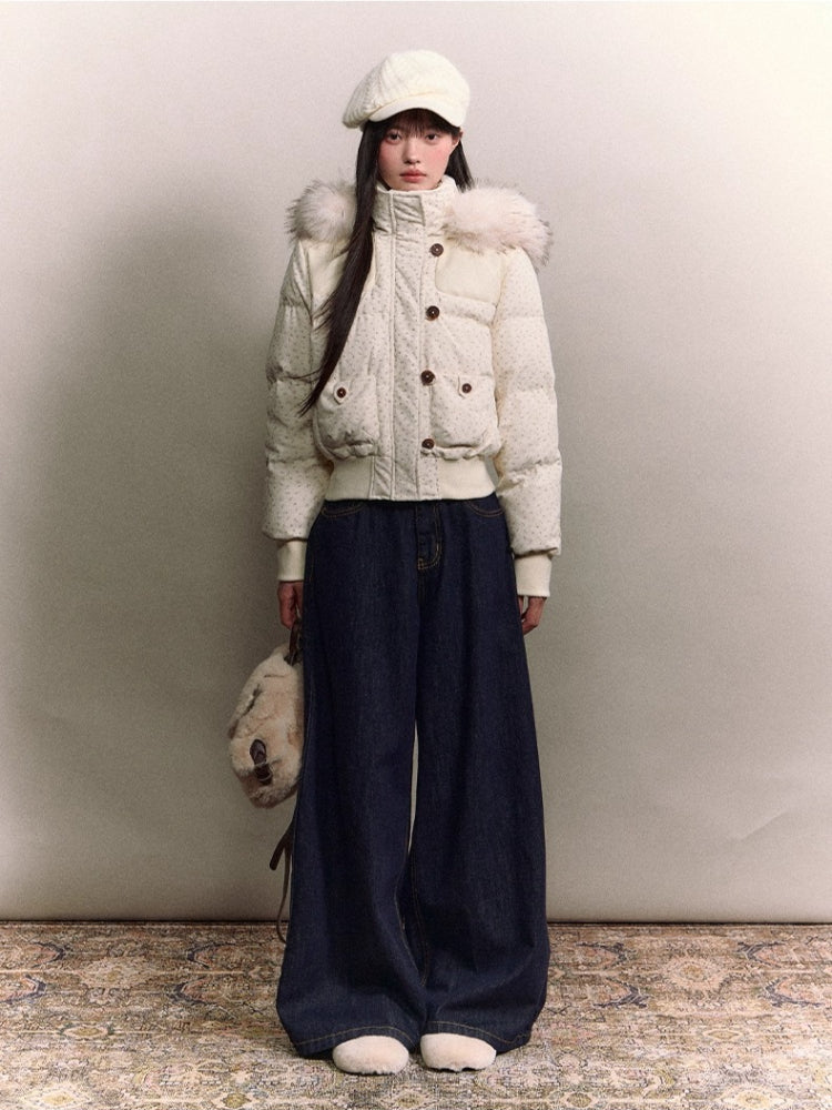 Faux Fur Collar Plaid Down Jacket