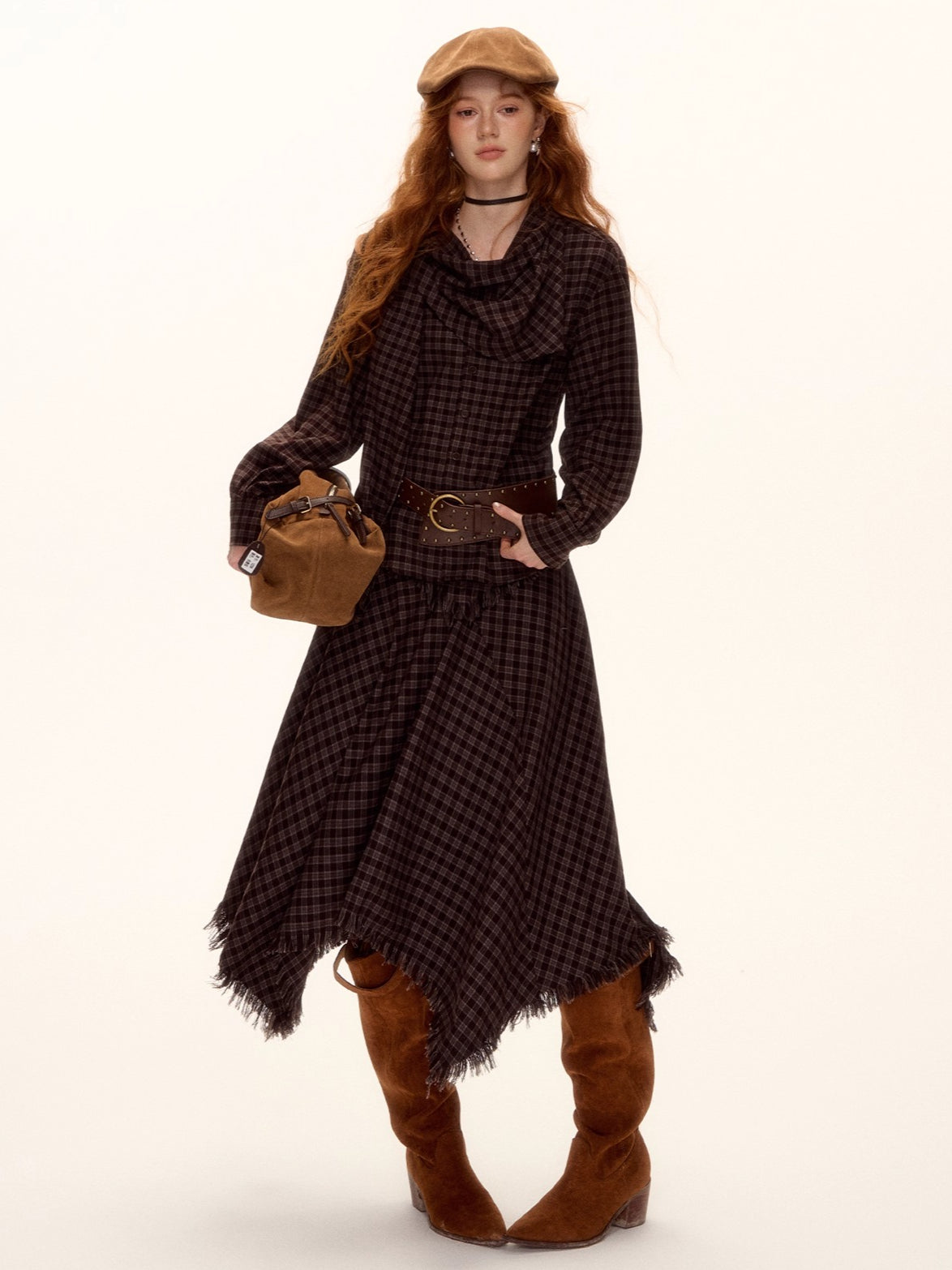 Frayed Hem Plaid Studded Belt Asymmetric A-Line Midi Skirt