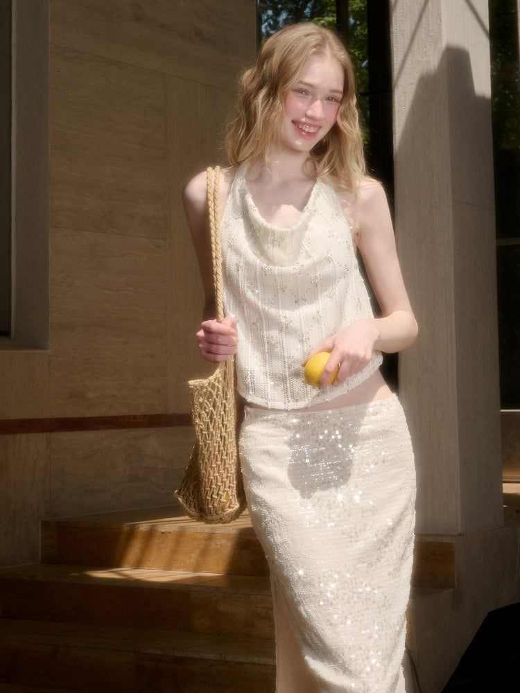 Embroidered Sequin Knit Top &amp; Skirt Set