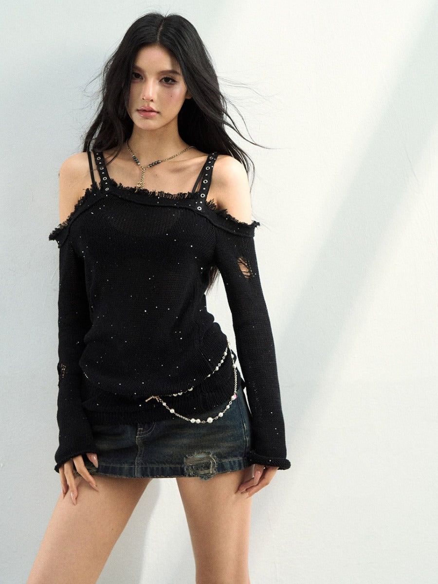 Distressed Off-Shoulder Knit Top