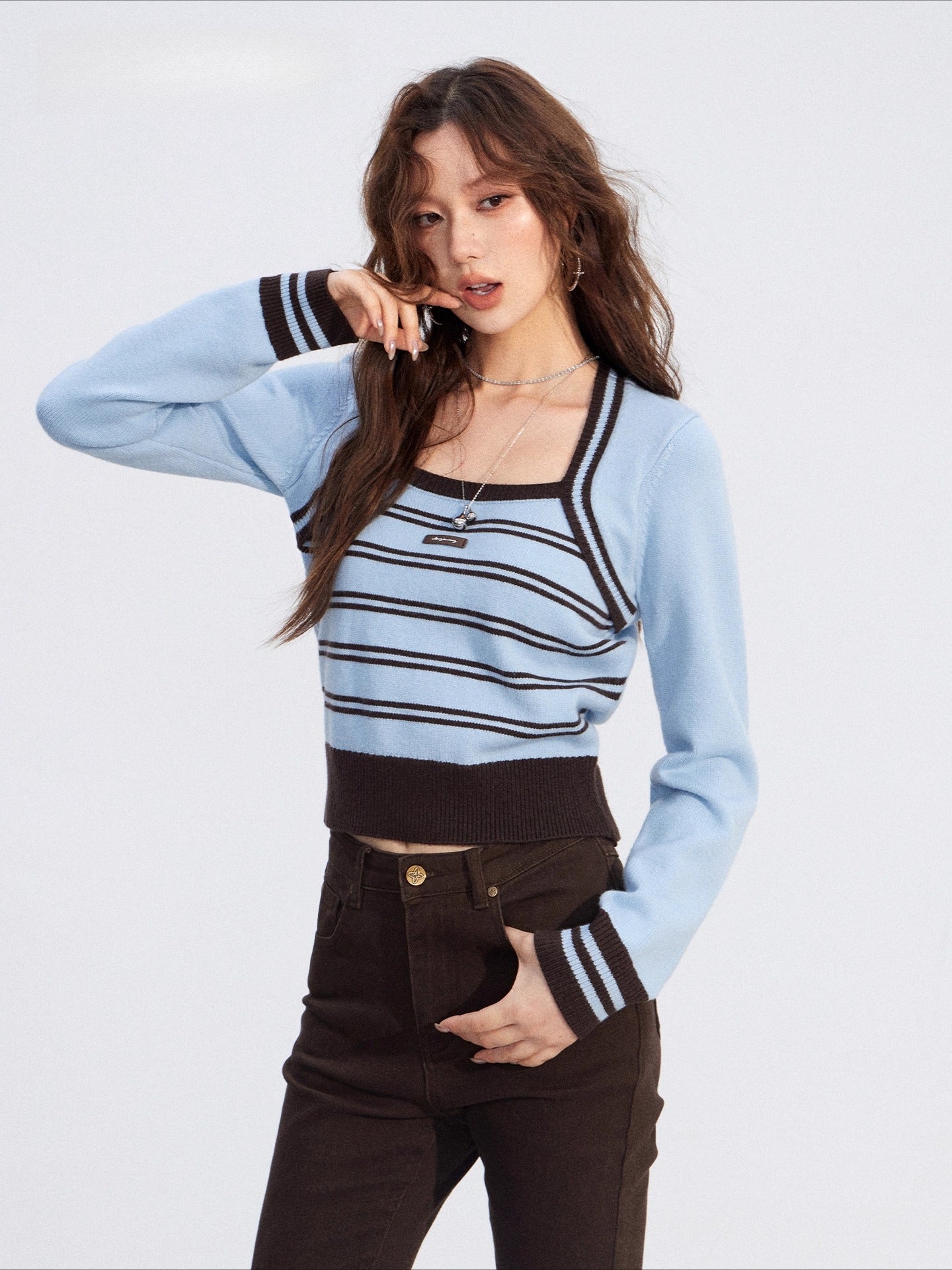 Contrast Stripe Square-Neck Sweater