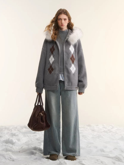 Argyle Patch Wool Hoodie Cardigan