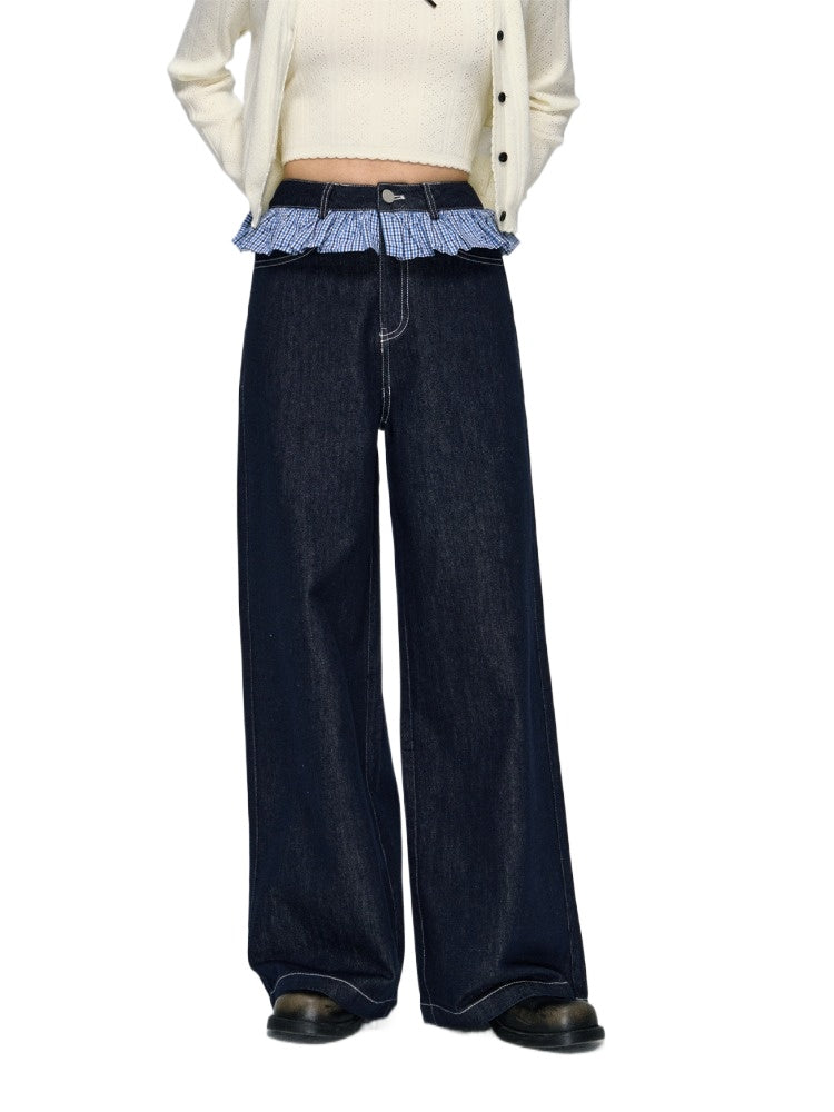 Ruffled Plaid Patchwork Straight Jeans