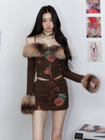 Faux Fur Gradient Knit Sweater with Fur Collar & Skirt Set