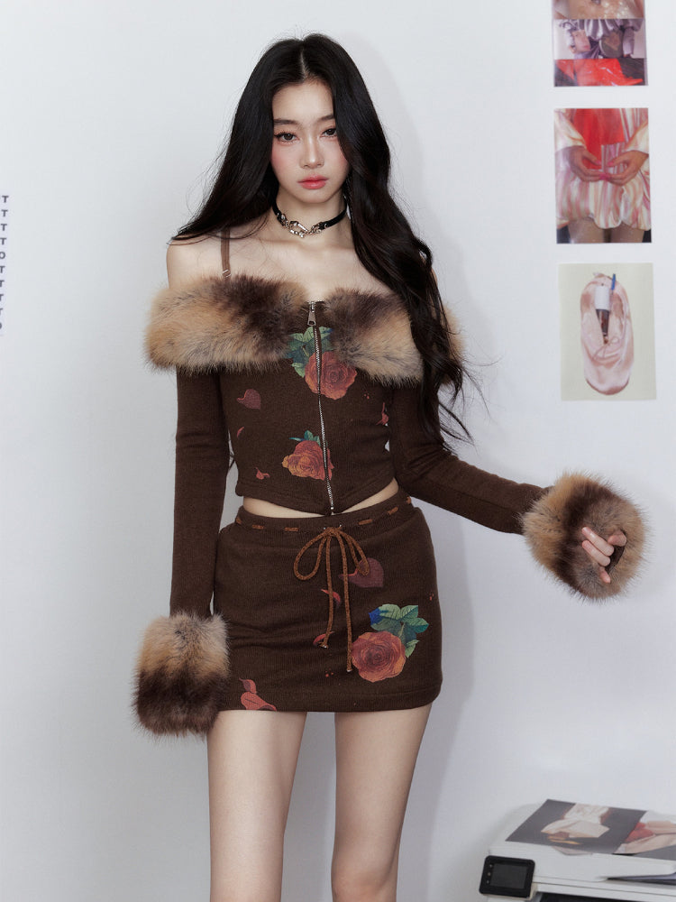 Faux Fur Gradient Knit Sweater with Fur Collar &amp; Skirt Set