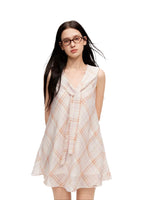 Pink Plaid Sleeveless Tie Neck Dress