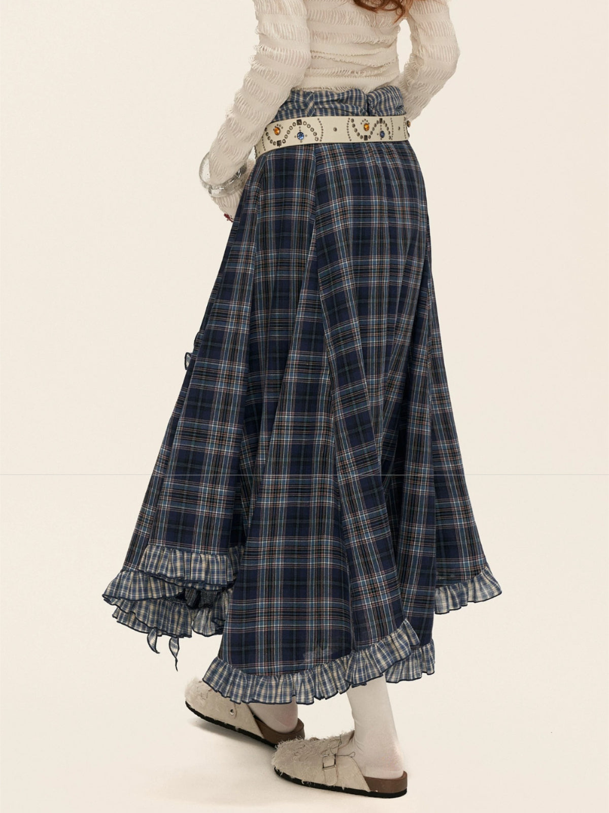 Asymmetric Ruffle Plaid Midi Skirt
