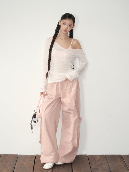 Pink &amp; White Parachute Wide-Leg Pants