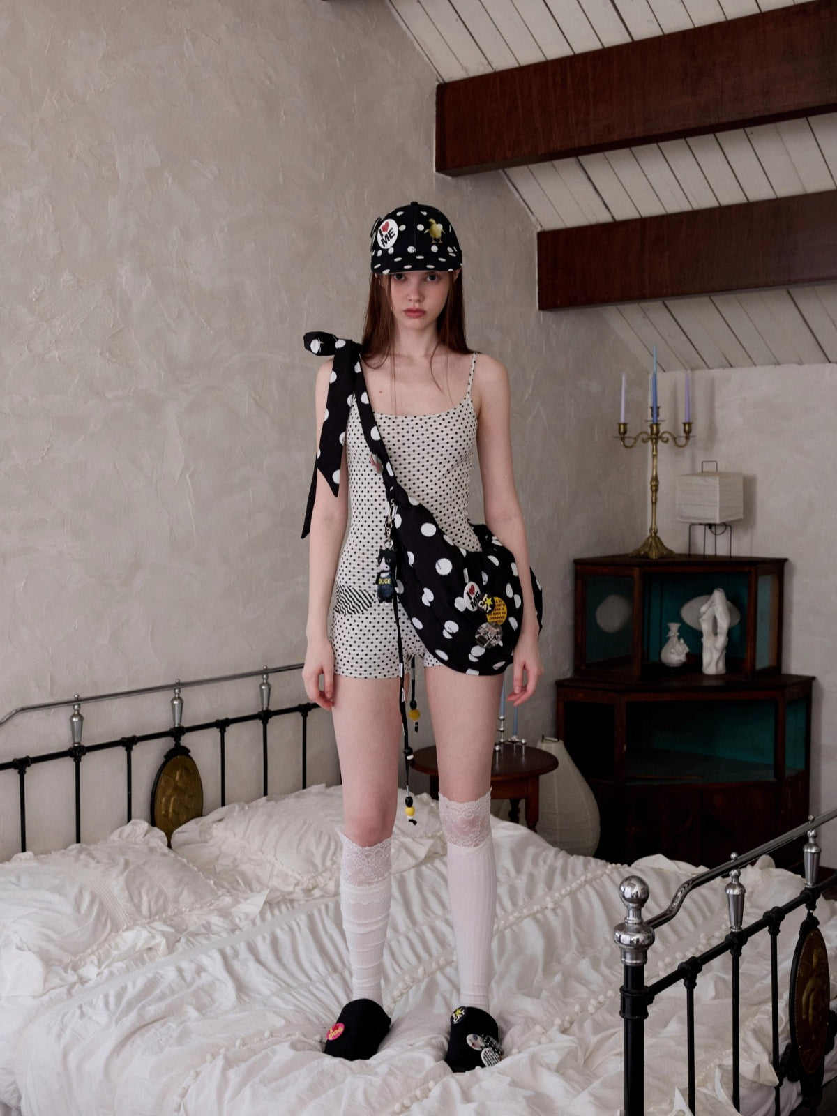 Polka Dot Ruched Dumpling Shoulder Bag