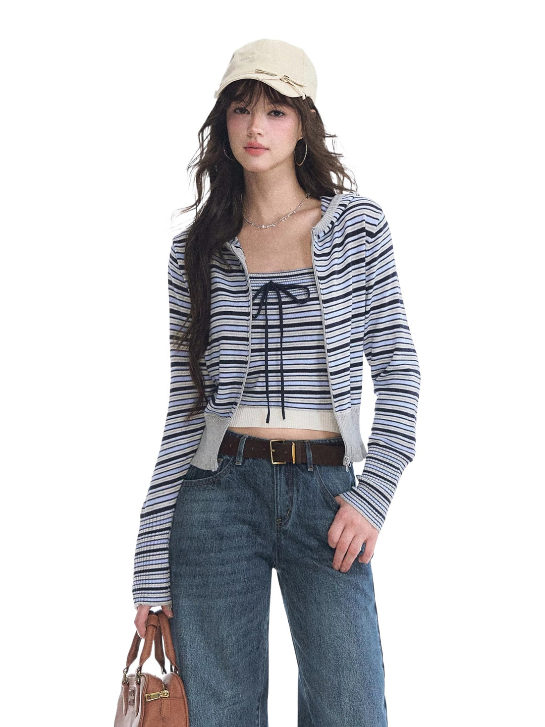 Striped Hooded Cardigan Bandeau Knit Set