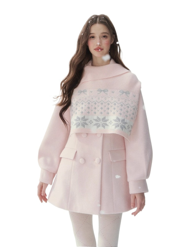 Double-Breasted Fur-Collar Coat Set