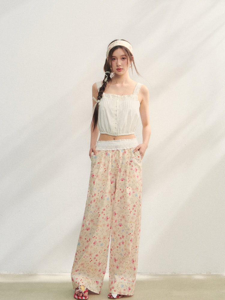 Lace-Trimmed Waist-Tie Wide-Leg Pants