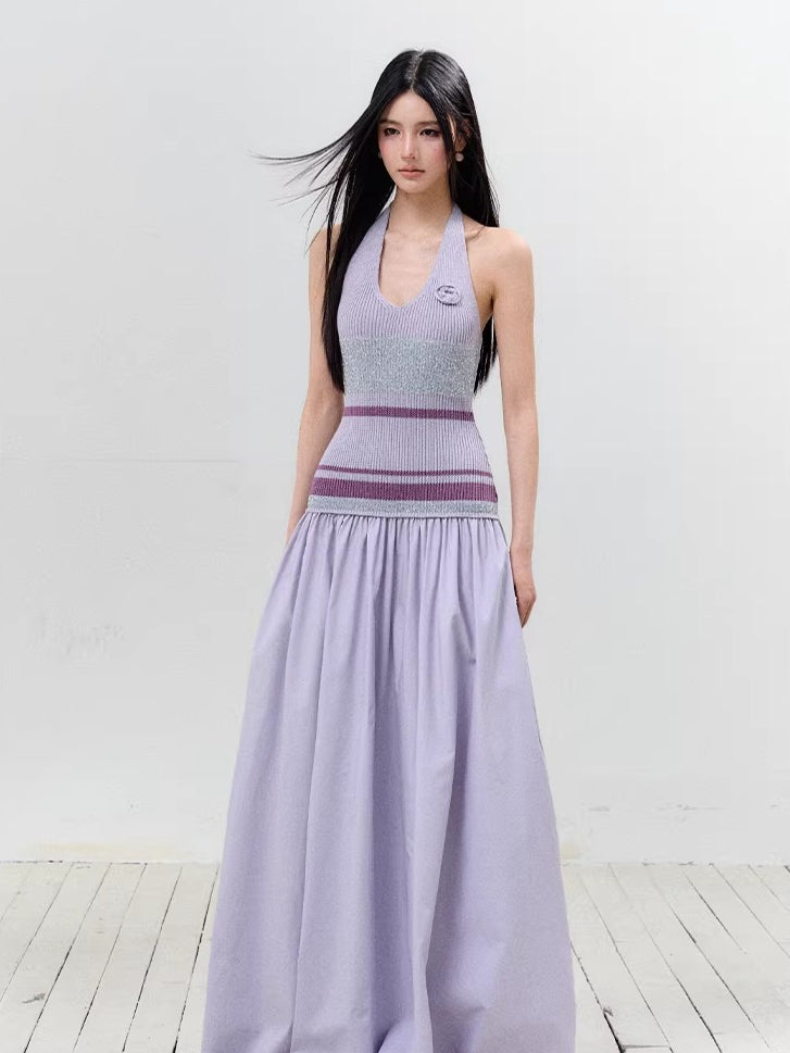 Lurex Halter V-Neck Backless Maxi Dress