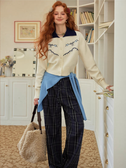 Contrast Collar Embroidered Knit Cardigan