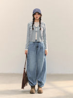 Navy Blue & Gray Sailor-Bow Knit Cardigan
