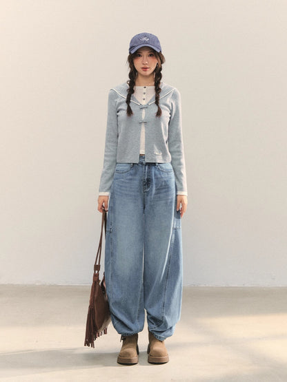 Navy Blue &amp; Gray Sailor-Bow Knit Cardigan