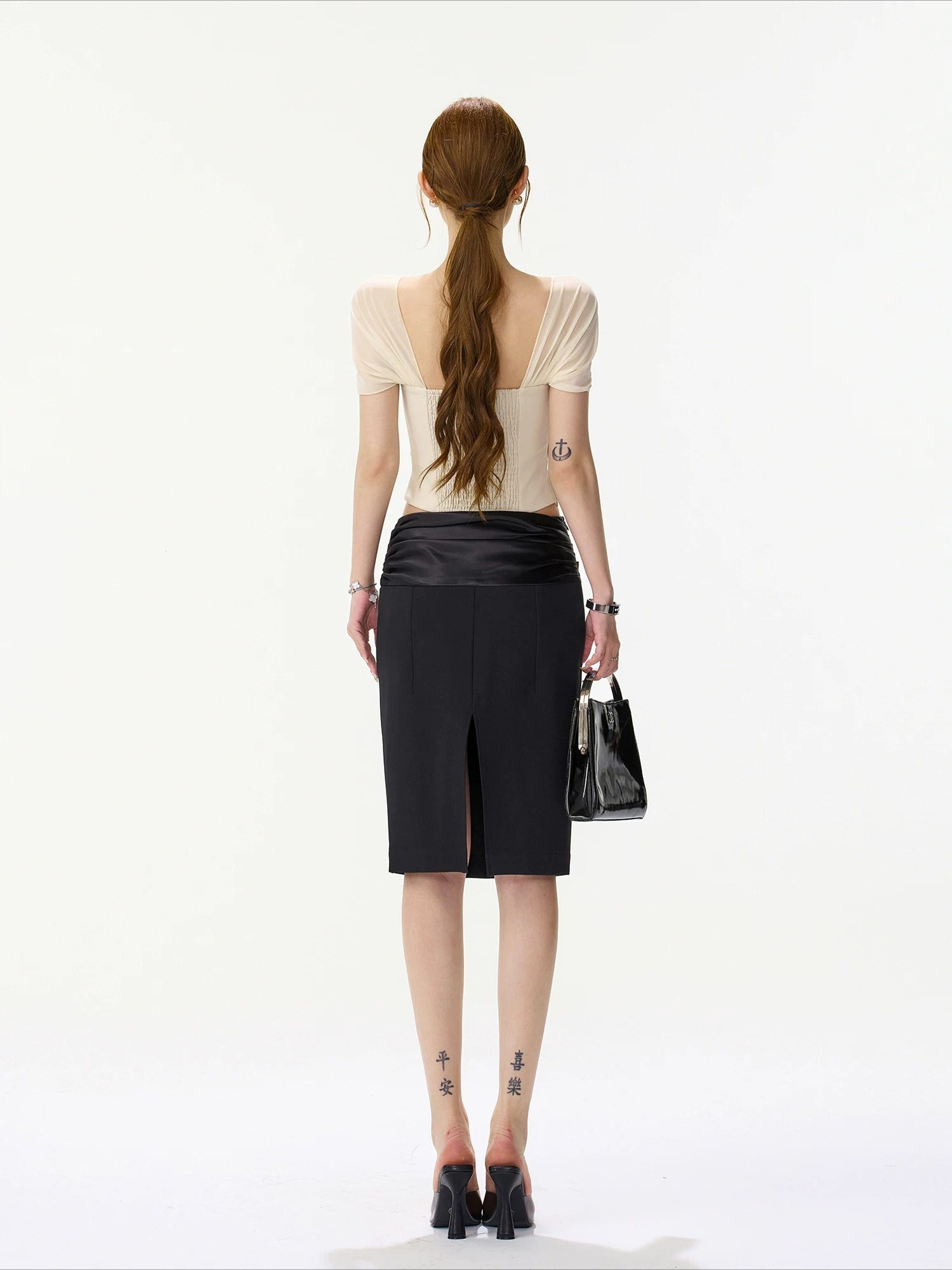 Satin Ruched Midi Skirt