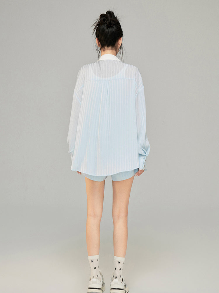 Color-block Shiny Silk Shirt &amp; Shorts Set