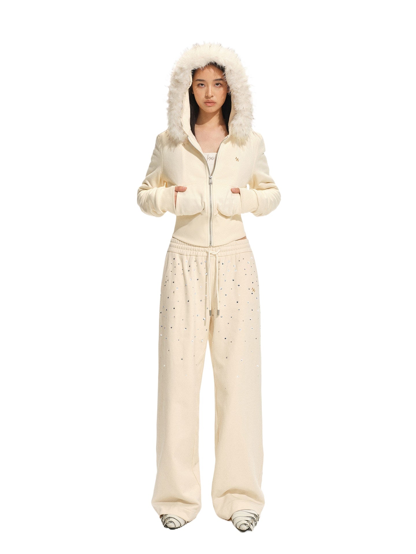Gradient Rhinestone Cotton Knit Wide-Leg Pants