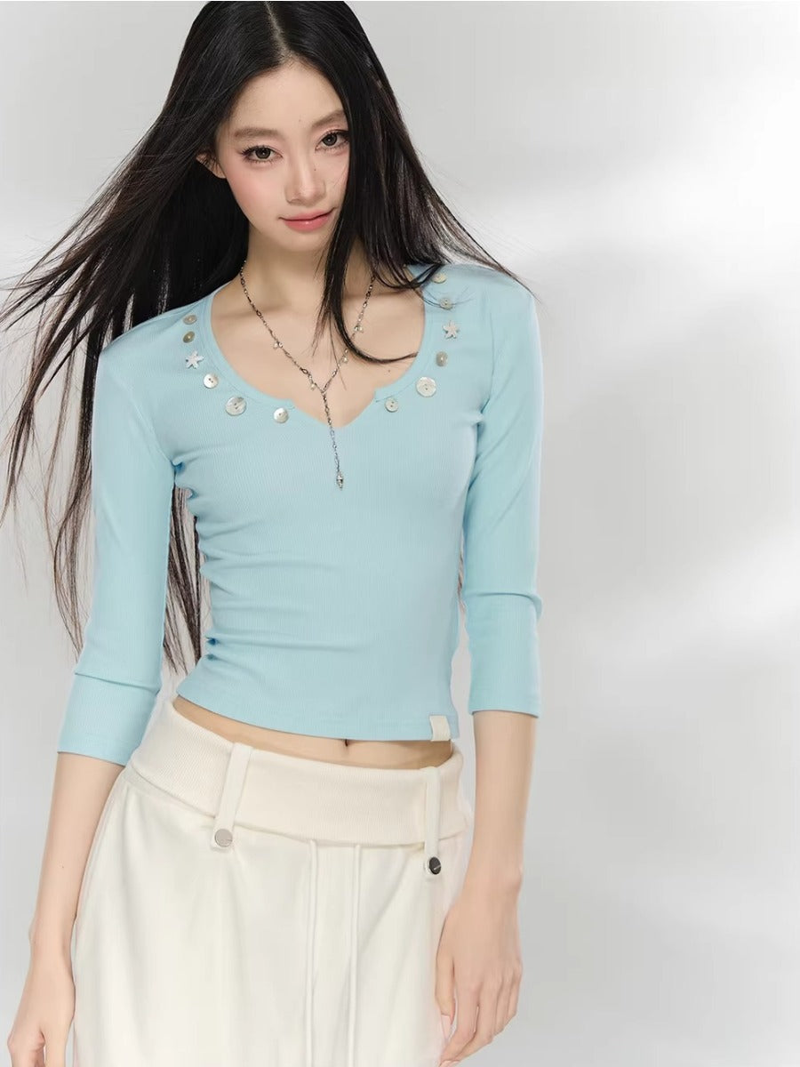 Embellished V-Neck Knit Top