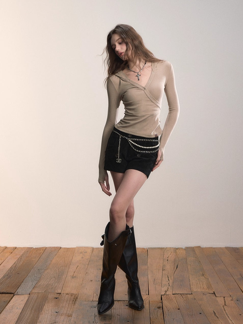 Cross Neck Hooded Slim-Fit Knit Top