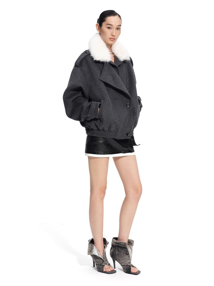 Faux Fox Fur Wool-Blend Aviator Jacket