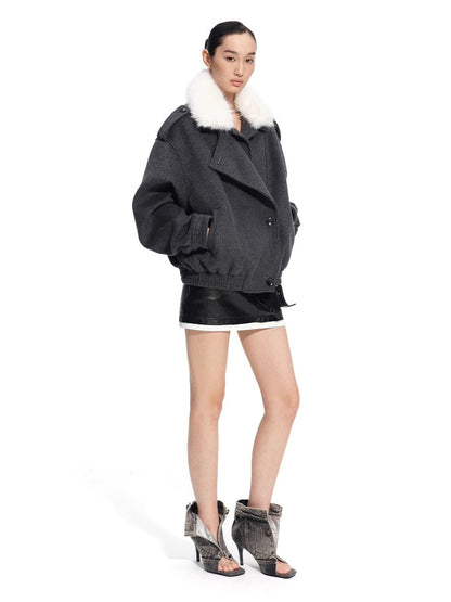 Faux Fox Fur Wool-Blend Aviator Jacket