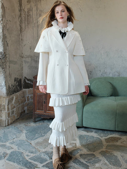 Mira Vintage-Inspired Pearl Cape Woolen Coat