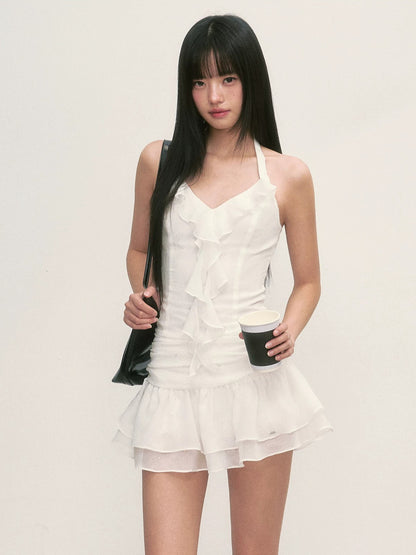 White Ruffle Halter Mini Dress