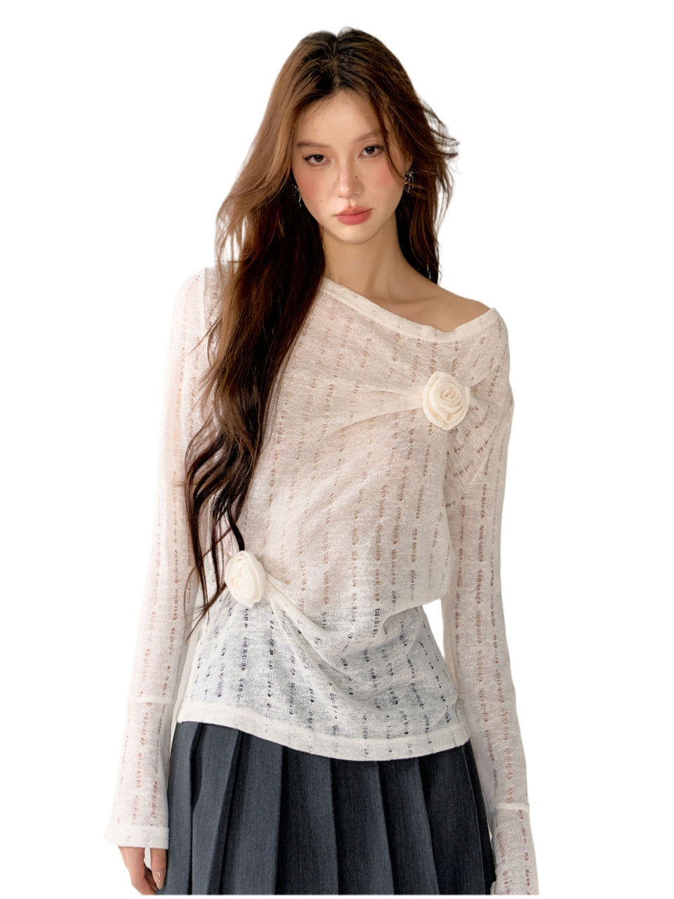 Black & Gray Hollow Knit 3D Floral Blouse