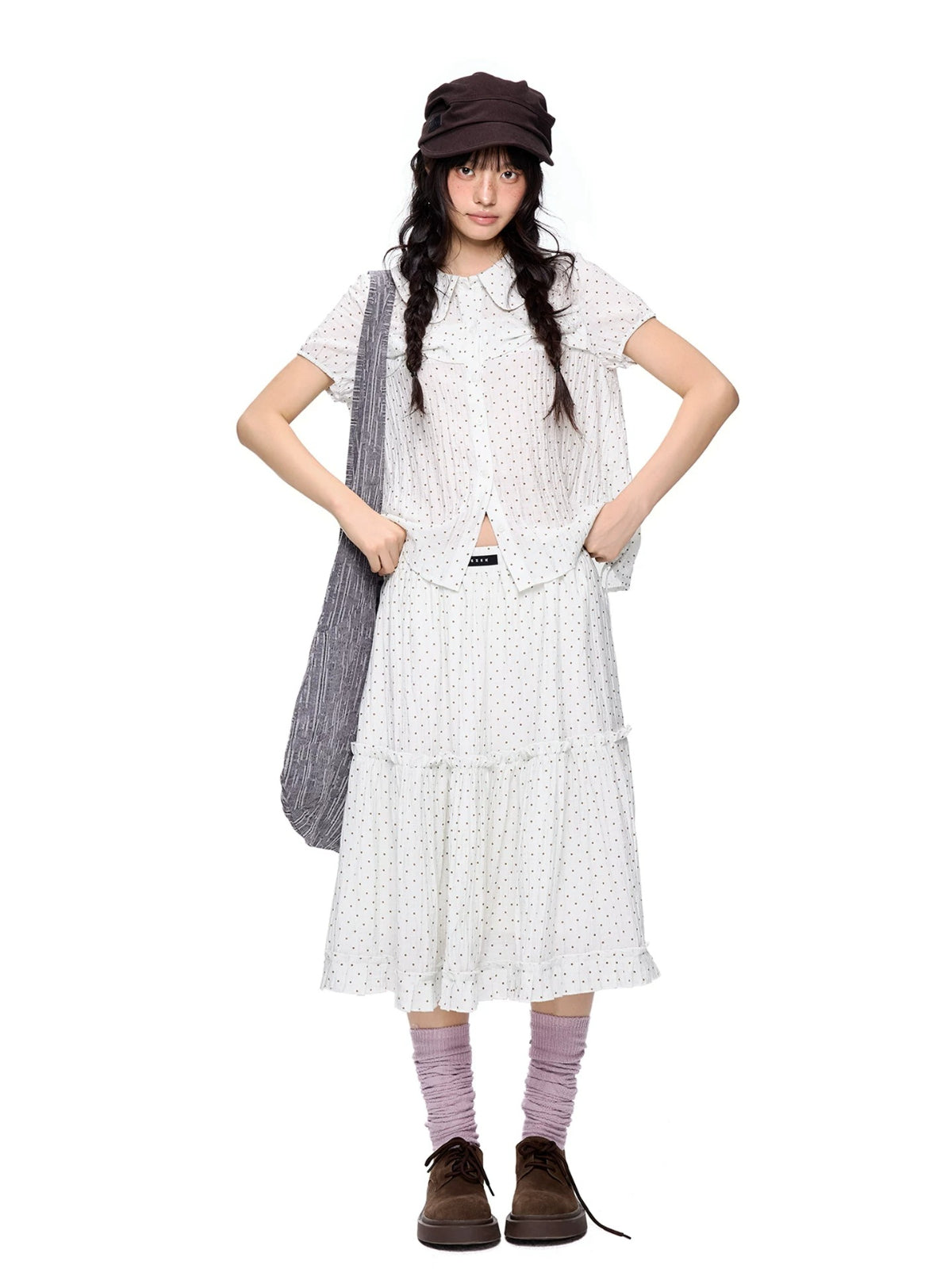 Polka Dot Collar Shirt &amp; Skirt Set