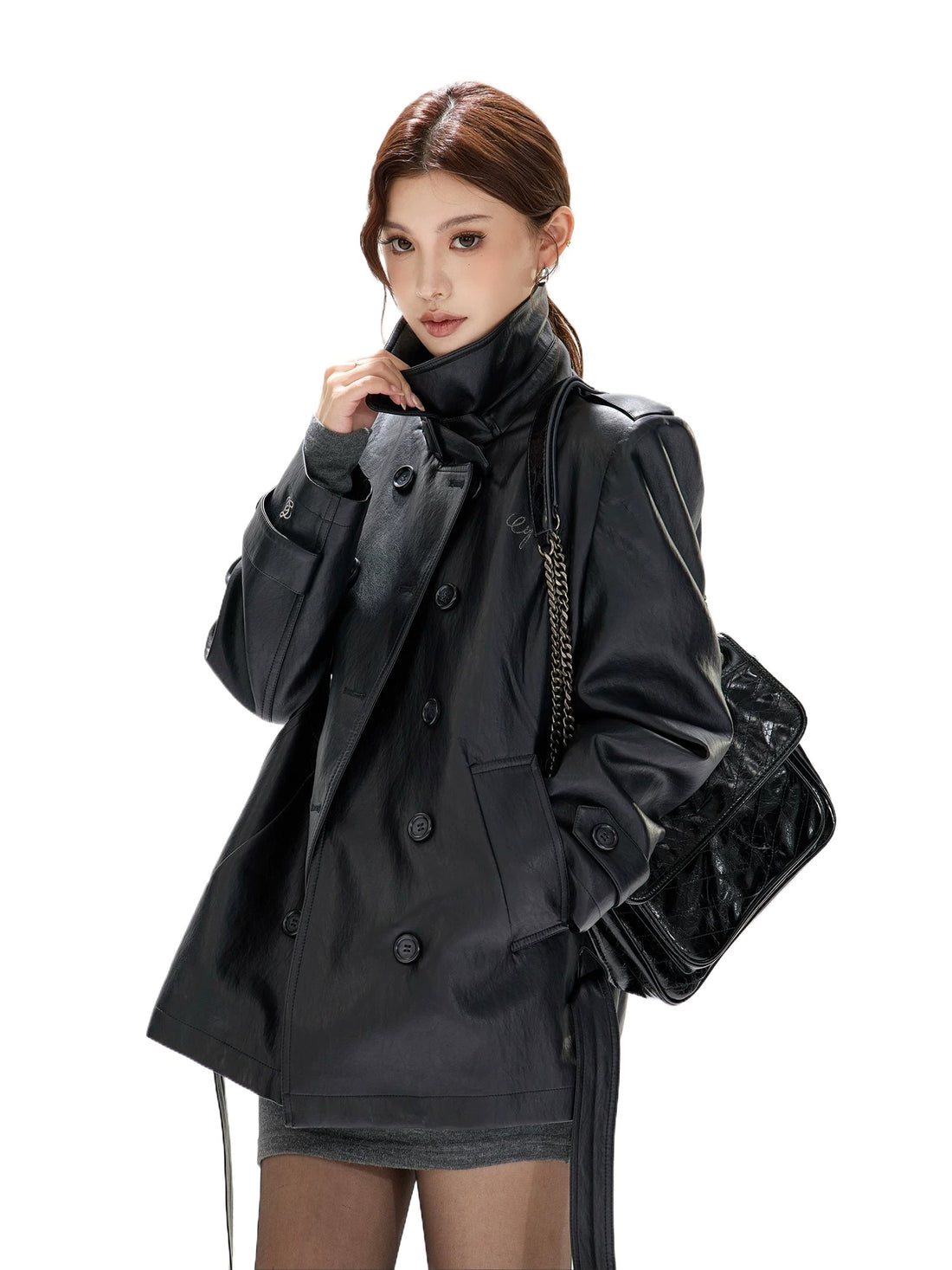 Black Stand Collar Belted Leather Jacket