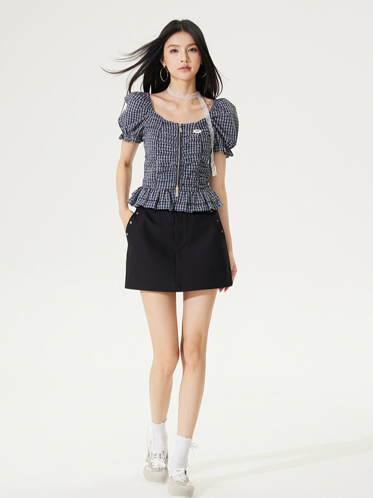 Puff Sleeve One-Word Collar Plaid Top