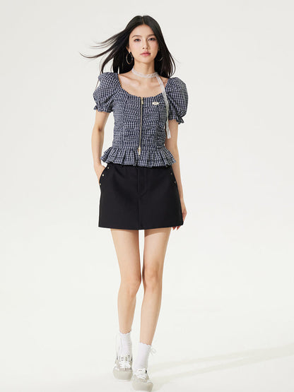 Puff Sleeve One-Word Collar Plaid Top