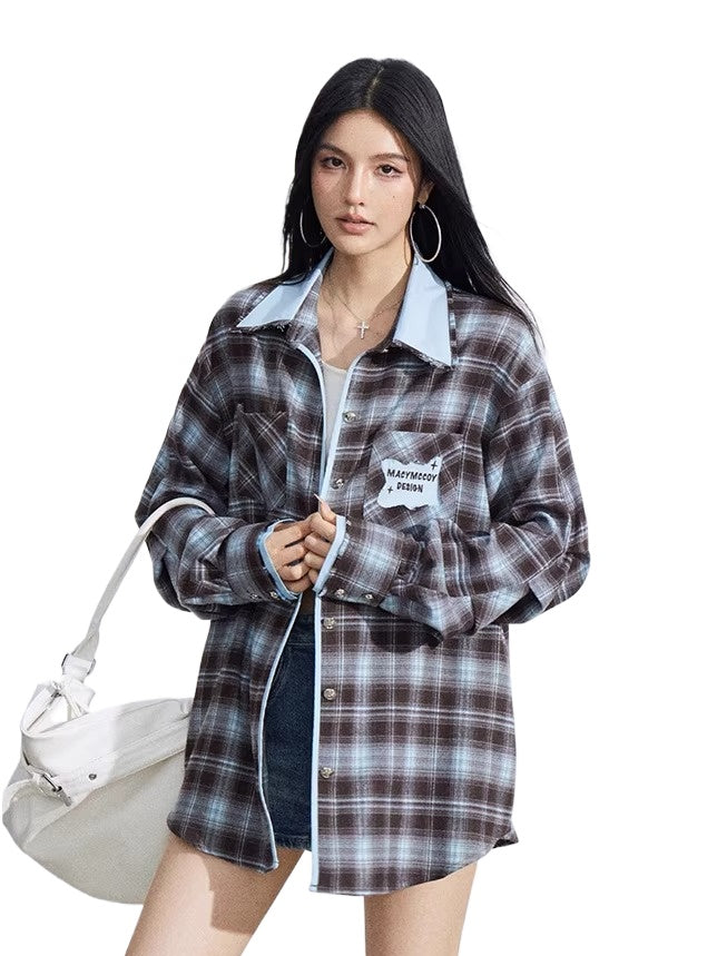 Contrast Plaid Embroidered Shirt