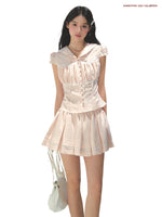Navy Collar Lyocell Waist-cinching Shirt & Skirt Set
