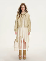 Apricot Lace Ruched Dress