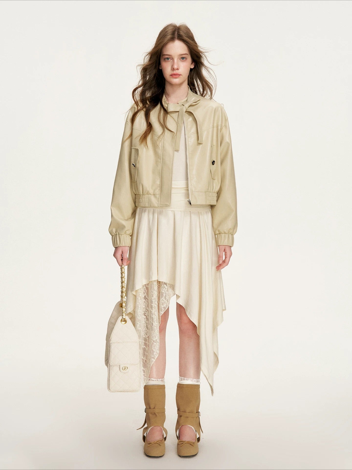 Apricot Lace Ruched Dress