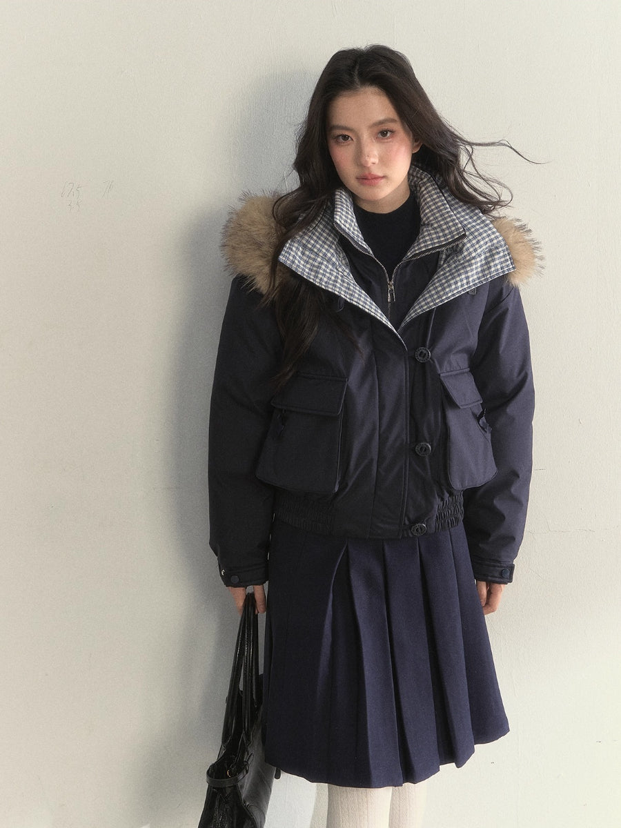 “Flowing Glacier” Patchwork Down Jacket with Fur Collar