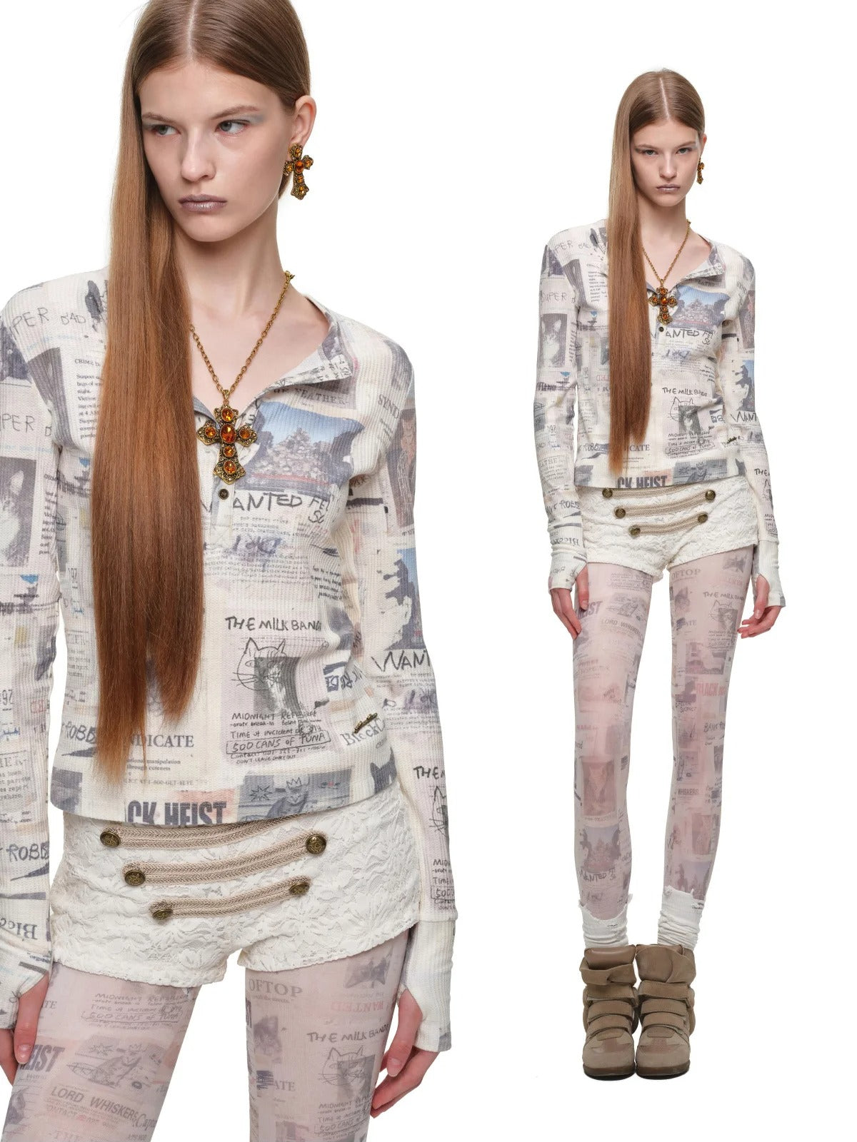 Cat Newspaper Print Henley Top