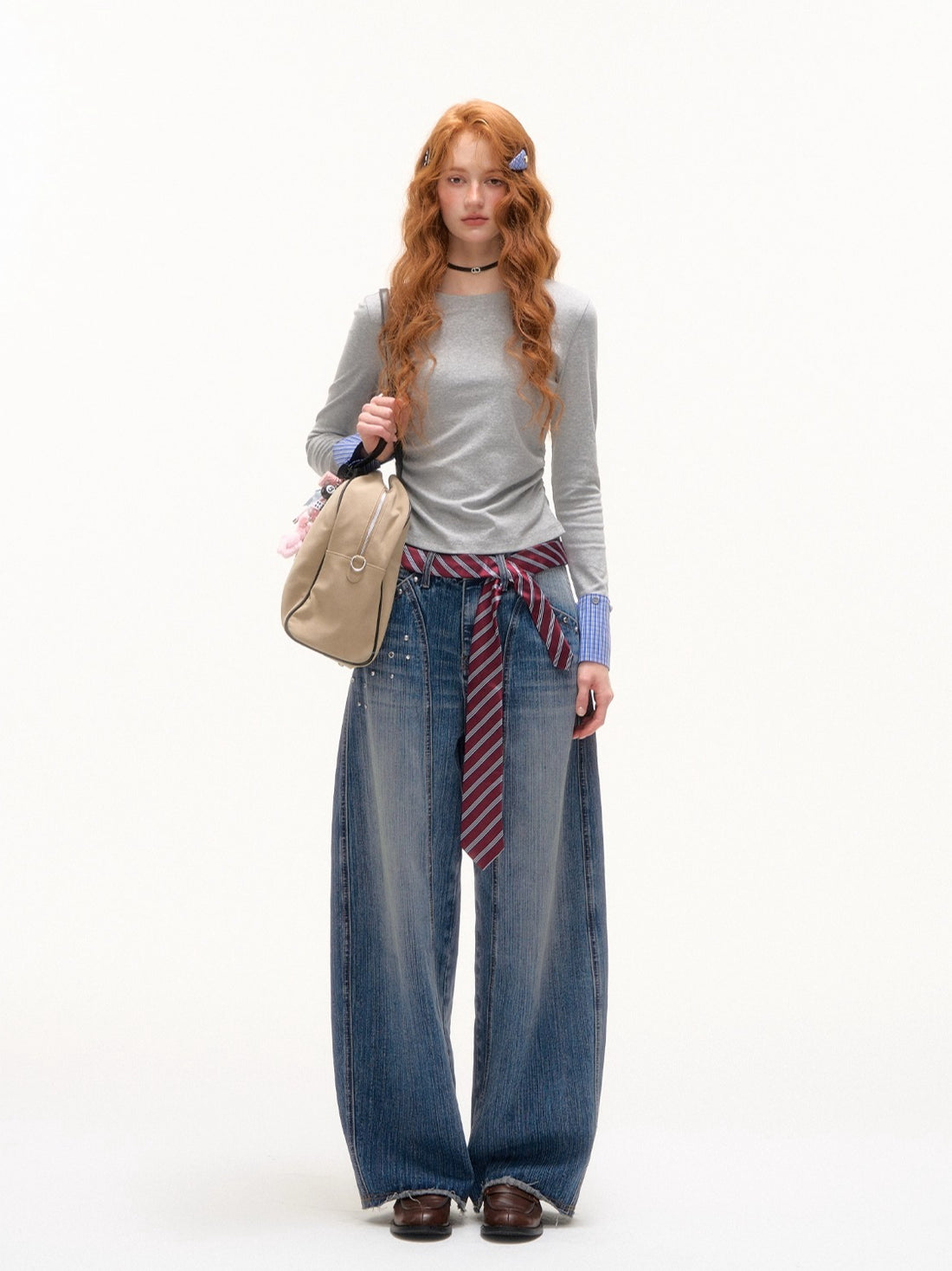 Blue Vintage Studded Wide-Leg Jeans