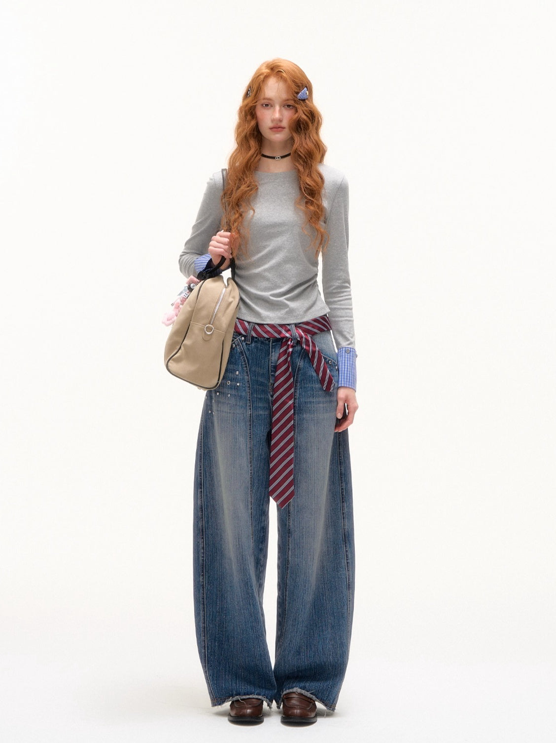 Blue Vintage Studded Wide-Leg Jeans