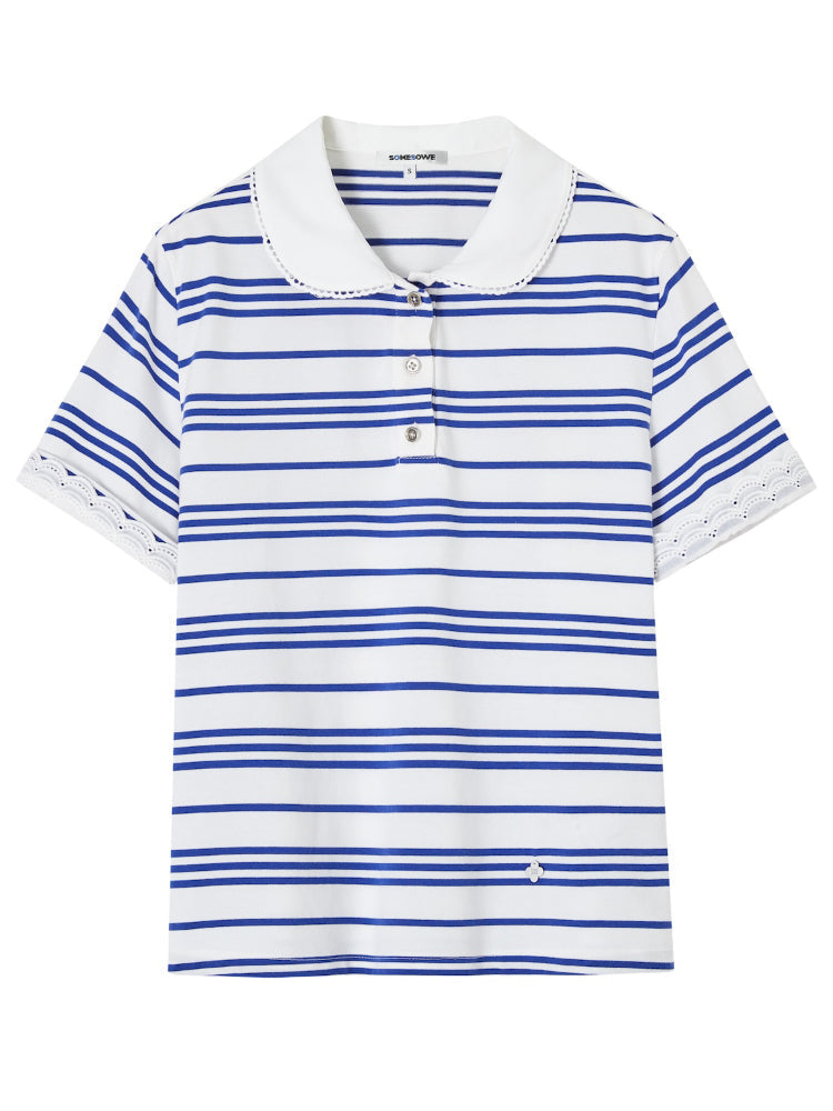 Striped Lace Short-Sleeve Polo Neck T-Shirt