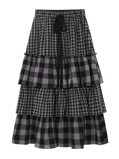 Plaid Patchwork Lace Waist Layered Cake Skirt