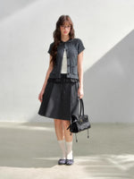 Gray Polka Pleated Midi Skirt